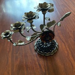 Vintage Metal And Glass Floral Candelabras Set Of Two 