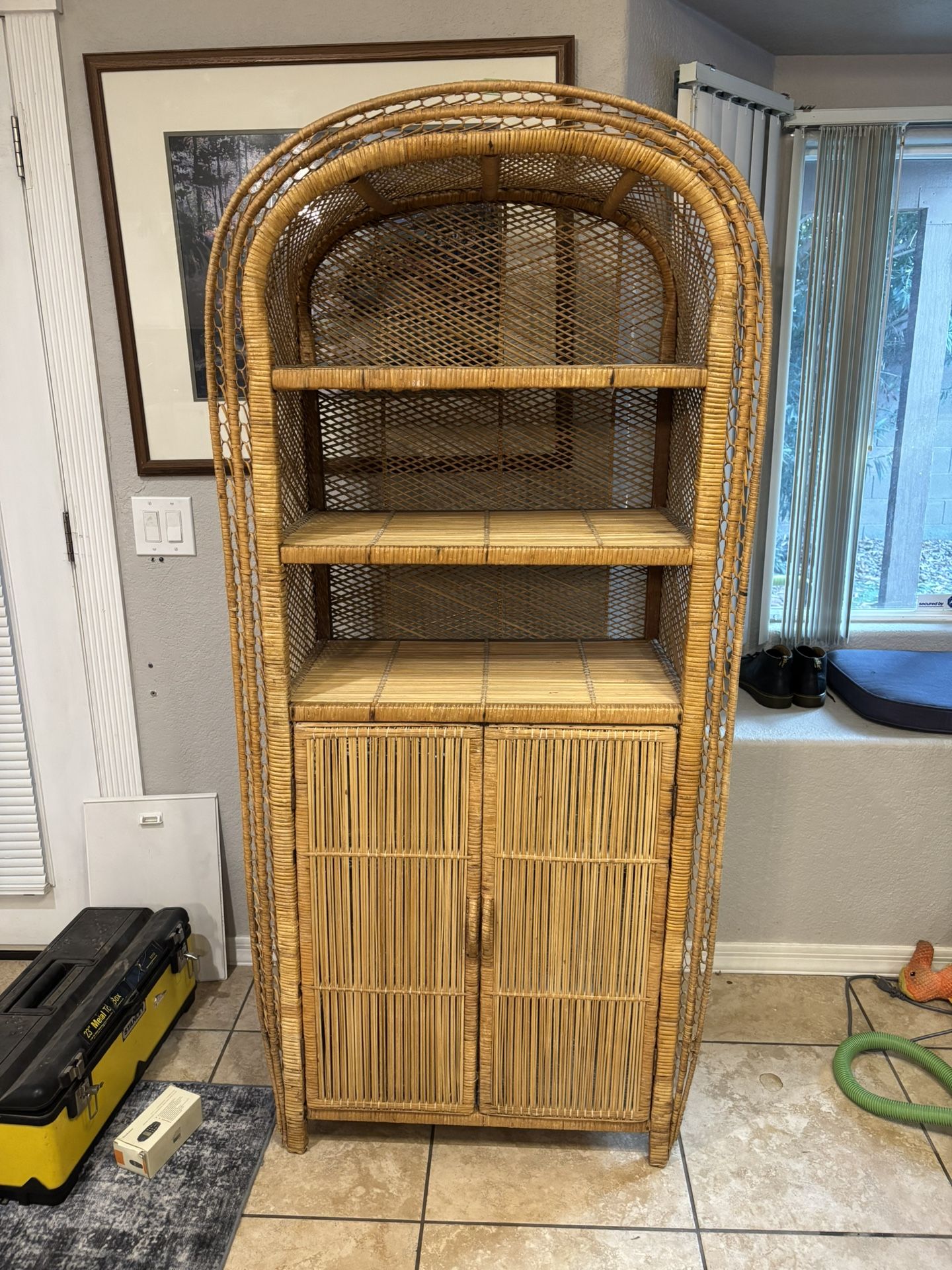 Vintage Mid Century Bohemian Boho Wicker Rattan Split Bamboo 2 Door Storage Bookshelf Stand