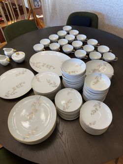 Large White Porcelain Dinnerware Set with Gold Floral Pattern
