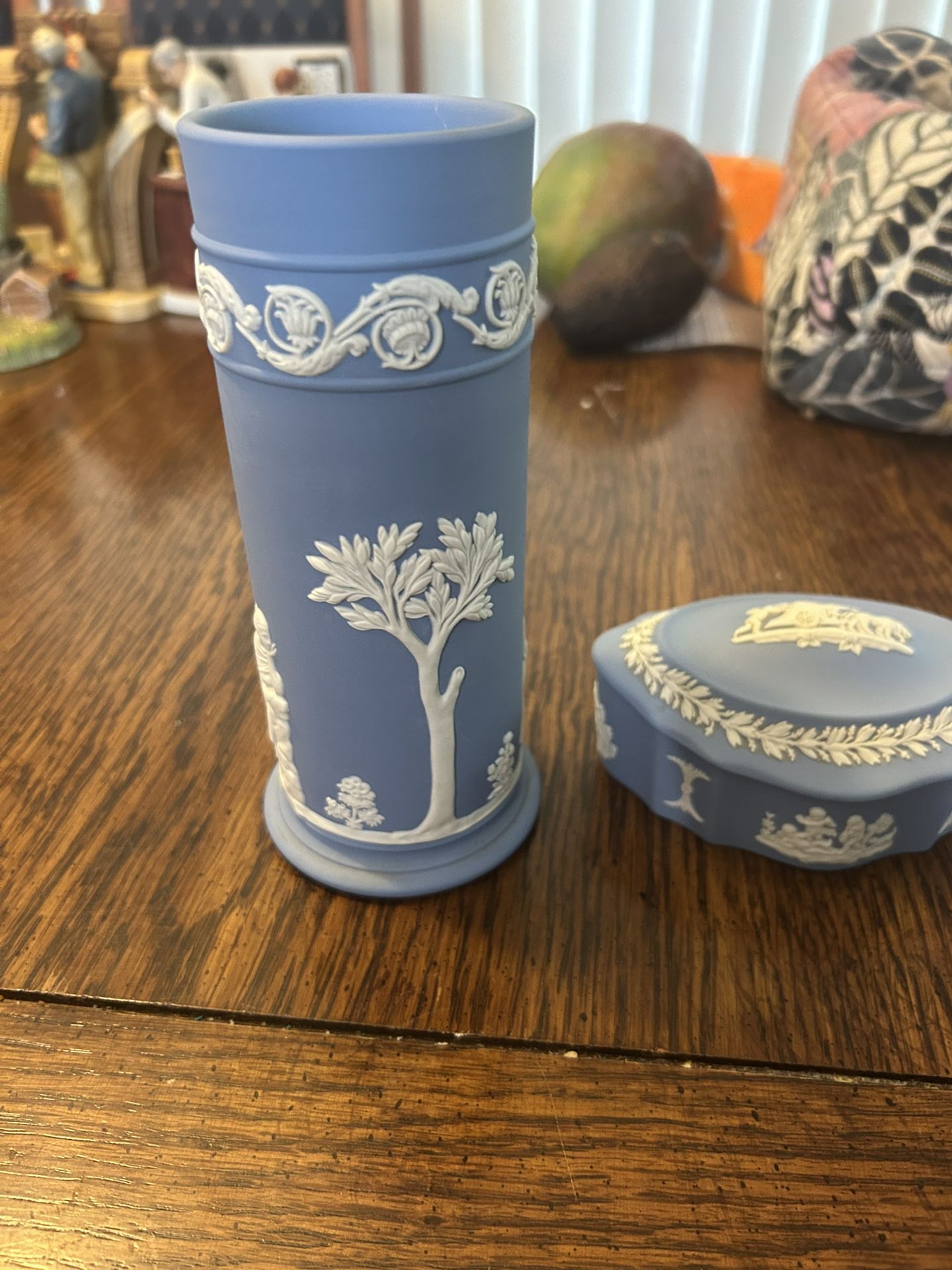 Blue Wedgewood, 6 Inch Vase And Small Jewelry Dish With A Lid