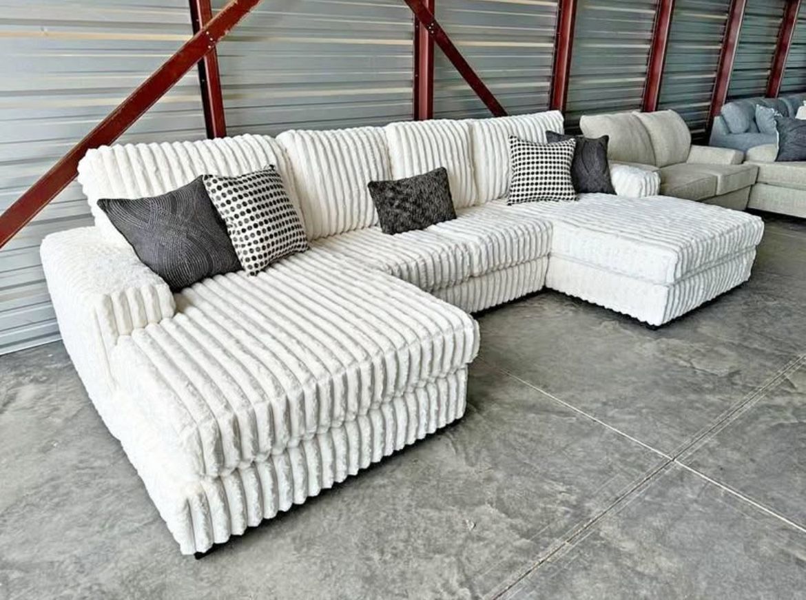 Must Go! White Corduroy Double Chaise Sectional