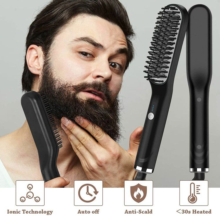 Beard Straightener Brush for Men: 3 in 1 Electric Ionic Hot Mustache Comb Tame Grooming Wild Portable Blow Dryer Styler with Temperatures & Quick Heat