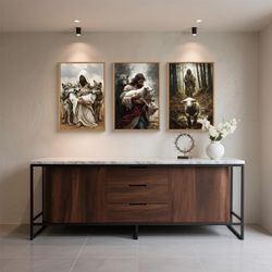 Brand New KAIRNE Jesus Lost Lamb Framed Canvas Wall Art Set,Vintage Shepherd Protect a Lamb from Wolves Wall Decor,Retro Religious Bible Faith Artwork