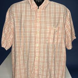 Tommy Bahama Men’s XL Shirt Peach Plaid Tencel Lyocell Button Up Crest Pattern