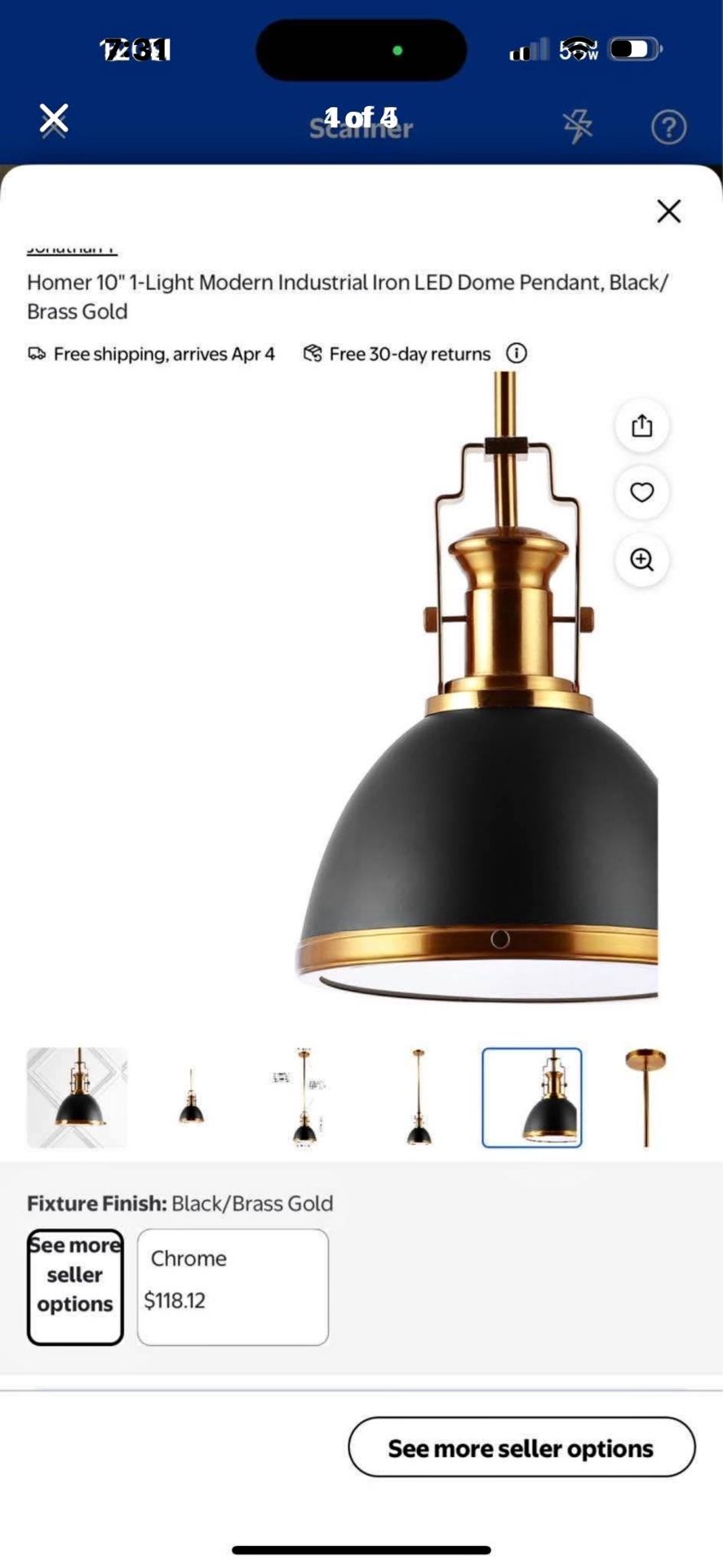 Homer 10" 1-Light Modern Industrial Iron LED Dome Pendant, Black/ Brass Gold