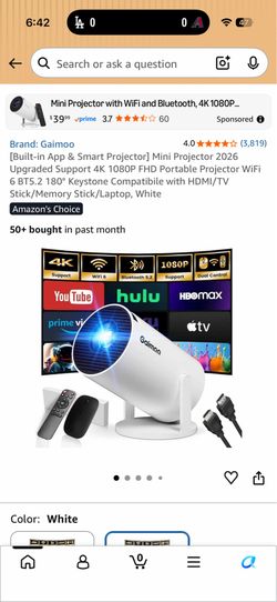 Upgraded Support 4K 1080P FHD Portable Projector WiFi 6 BT5.2 180° Keystone Compatibile with HDMI/TV Stick/Memory Stick/Laptop, White