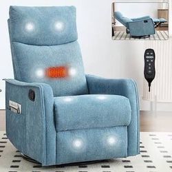 NEW Blue Ergonomic Fabric Rocker and Swivel Recliner Chair with 8-Point Massage and Remote Control