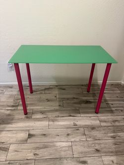 Green Glass Top Desk with Pink Metal Legs