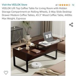 VEELOK Lift Top Coffee Table for Living Room with Hidden Storage Compartment on Rolling Wheels, 3-Way Slide Desktop Drawer Modern Coffee Tables, 43.3"
