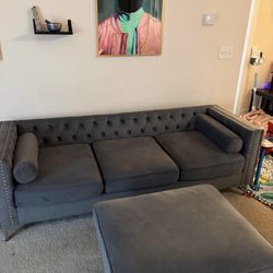 Modern Gray Tufted Velvet Sofa + Ottoman – Great Condition