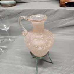 Vintage Pink Scavo Glass Amphora Vase with Tripod Stand