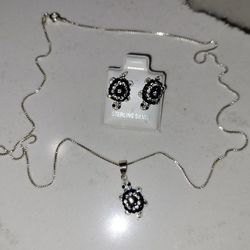 Sterling Silver Rinestone Necklace Turtle Earrings and Matching Pendant 