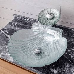Brand new Lovedima Crystal Glass Vessel Sink, Transparent Shell Shaped Bathroom Vanity Wash Sink Above Counter With Faucet.