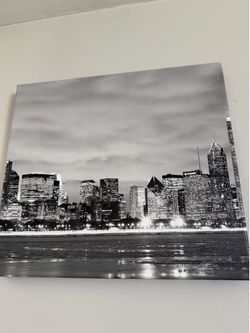Chicago print depicting night Black/White City Skyline Canvas Wall Art decor home