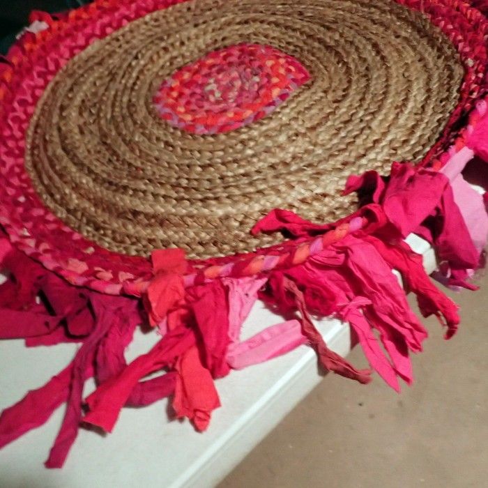 Jute Area Rug 3ft Round Multicolour Chindi Cotton Fringes rug 67 for