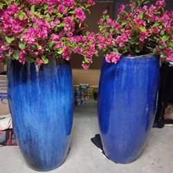 NEW "MAGESTIC FOUNTAIN" HANDMADE, BRILLIANT BLUE COLOR FIRE GLAZED TERRA COTTA PLANTERS, RETAILS $500.00 EACH, GREAT BUY FOR A PAIR!!!