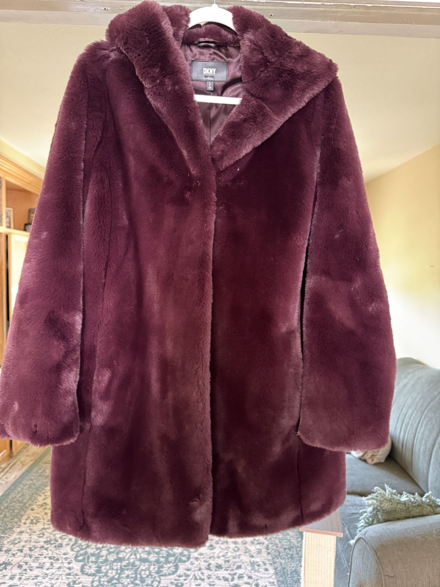 Brand New DKNY Faux Fur Hooded Coat Size Small (Will fit a Med on Smaller Side)