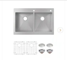 Glacier Bay
Professional Zero Radius 33 in. Drop-In 50/50 Double Bowl 16 Gauge Stainless Steel Kitchen Sink with Accessories