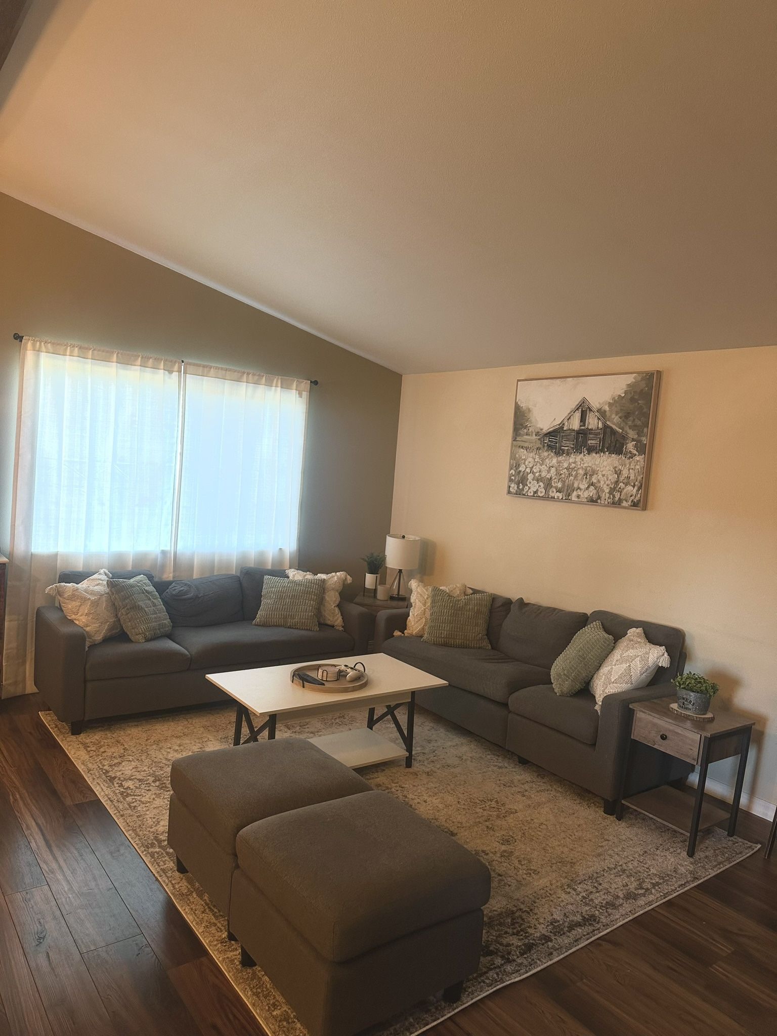 2 Dark Grey, 3 Seater Couches w/ 2 Ottomans