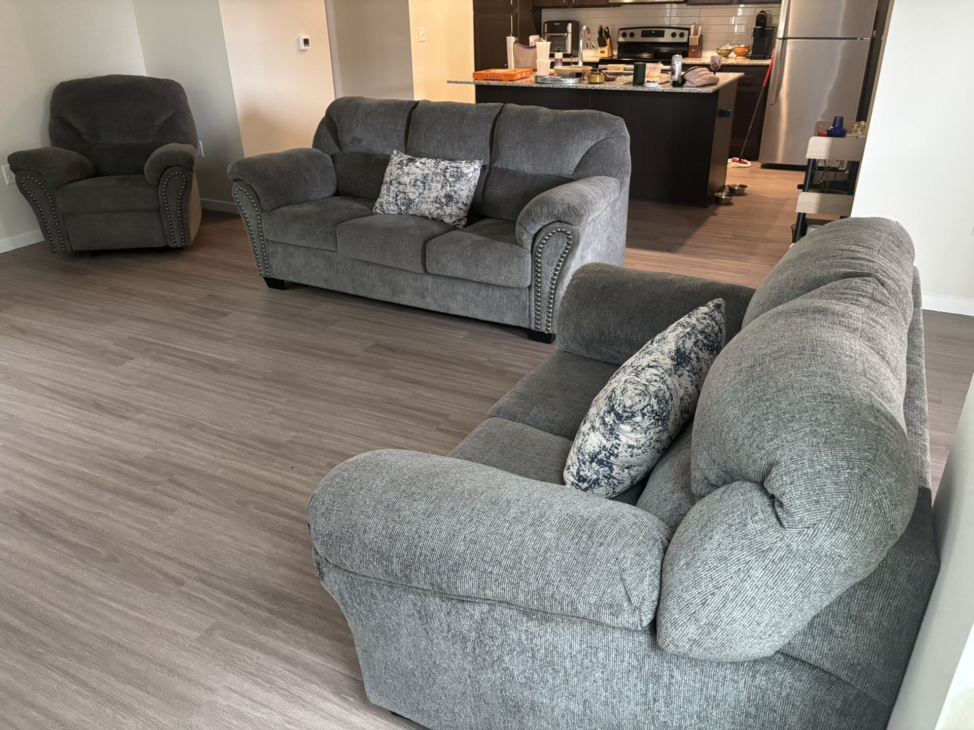 Modern Gray Sofa + Loveseat + Rocking Chair Set
