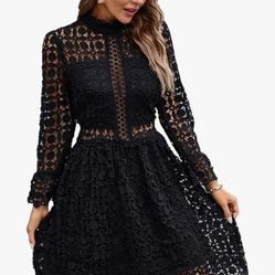 Women's Mock Neck Lace Flounce Sleeve Mesh Insert Mini Dress Flared A-Line Short Dresses for Women