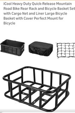 iCool Heavy Duty Quick-Release Mountain
Road Bike Rear Rack and Bicycle Basket Set
with Cargo Net and Liner Large Bicycle
Basket with Cover Perfect Mo