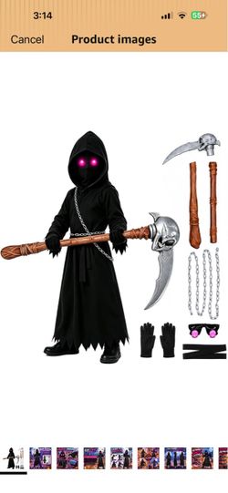 Kids Glowing Eyes Grim Reaper Costume for Boys 3-12 Scary Halloween Costume