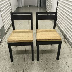 Set Of 2 West Elm Wood Chairs With Braided Jute Seat Cushions