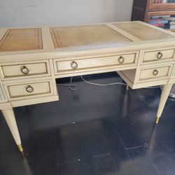 Antique Vintage Off White Wood Desk With Leather Top