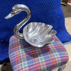 Large silver metal serving dish, swan