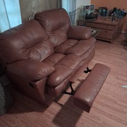 Brown Leather Reclining Love  Seat