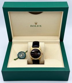 1981 Rolex Day-Date 36mm President 18k Yellow gold 18038 factory BLACK dial SPANISH ROULETTE DAY Quick-Set Black Leather Band box tag appraisal