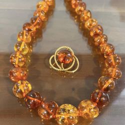 Vintage Honey Amber beads necklace 20” & Gold Filled Brooch With Amber  1.25”