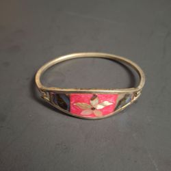 Vintage Mexican "Alpaca" Silver Hinged Cuff Bracelet Blend Of Copper, Nickel & Zinc W/Intricate Mosaic Inlay, Mother-Of-Pearl, Resin & Abalone Shell