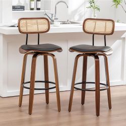 2 Pcs Rattan Counter Height Bar Stools, Swivel Stools with Cane Back