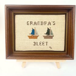 Vintage Handmade Needlepoint Crossstitch Framed 1980s Sailboat Grandpa's Fleet