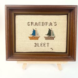 Vintage Handmade Needlepoint Crossstitch Framed 1980s Sailboat Grandpa's Fleet