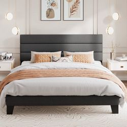 Queen / King Bed Frame, Platform Bed Frame with Fabric Upholstered Headboard, Dark Grey