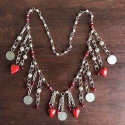  Vintage Guatemalan Link Fringe Dangle Necklace Coins Glass Folk Traditional Ethnic Tribal