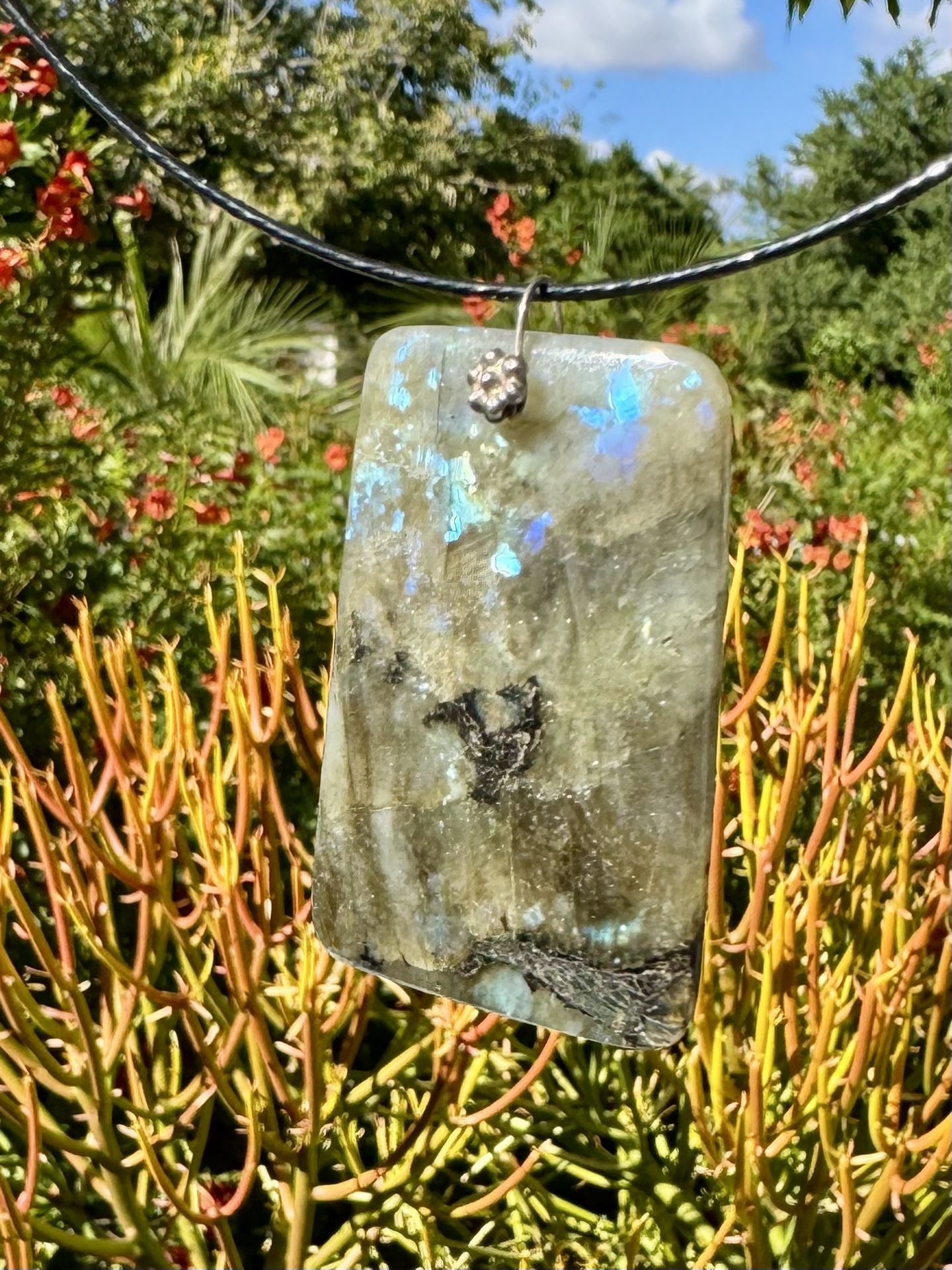 PENDING - Gray Green Labradorite Natural Stone Pendant Necklace Silver Tone Black Cord with Magnetic Clasp