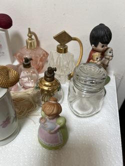 10 Vintage Old Perfume Bottles And Two Figures Plus Two Cute Dog Frames