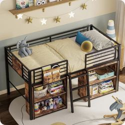 Low Loft Bed Twin Size, Metal Loft Bed with 2 Storage Cabinets, 25 Heavy Duty Steels Support Slats, Twin