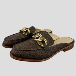 Michael Kors Scarlett Chain Slip On Mules Slip On Loafer Brown Logo (Sz 7.5)
