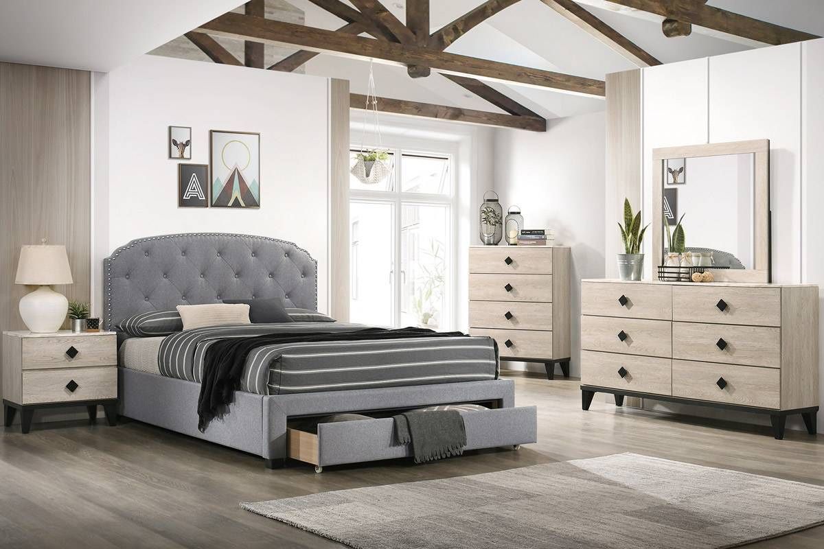 Grey Tufted Bed With Drawer