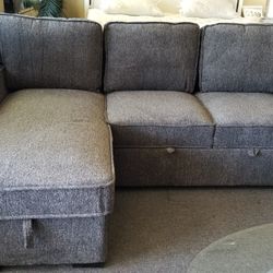 Brand New 95" x 61" Gray Linen Reversible Sofa Chaise With Storage Ottoman