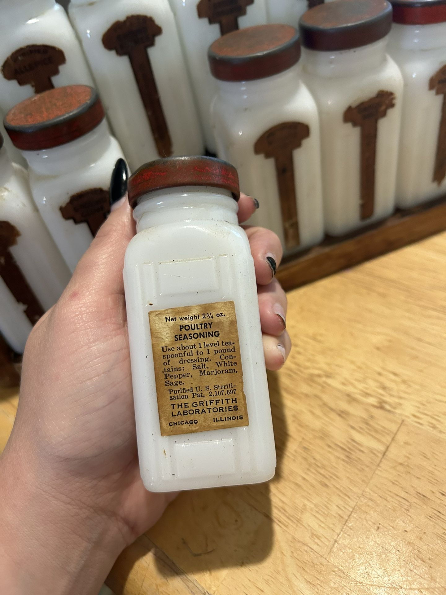Vintage 12 Milk Glass Spice Jars W Black Lids in Wood Rack by -  Israel