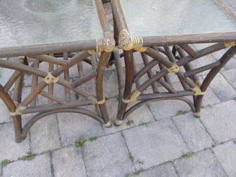 2 ANTIQUE BAMBOO SIDE TABLES TOP GLASS