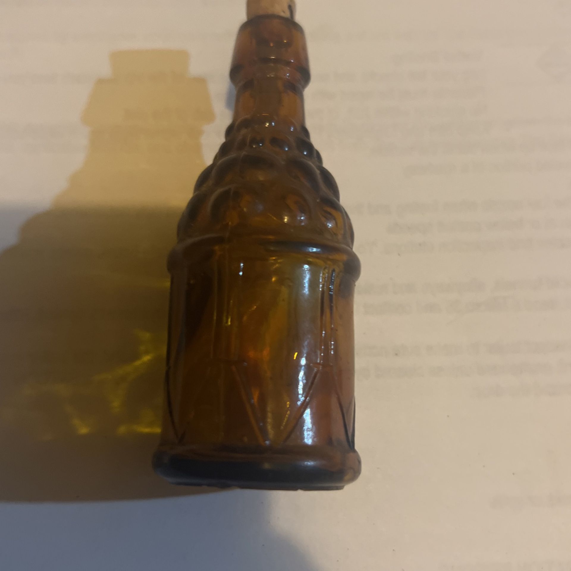 Wheaton Drum  & Grapes Amber Glass Bottle Vintage Taiwan Miniature Cork 3 1/8”