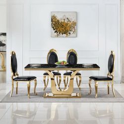 Black Marble Dining Table With Gold Base & 4 Chairs $1600