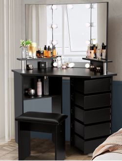 Black corner makeup vanity with light up mirror and stool